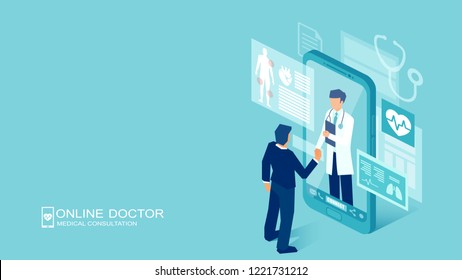 Vector of a patient meeting a doctor online using a smartphone technology, online medical consultation