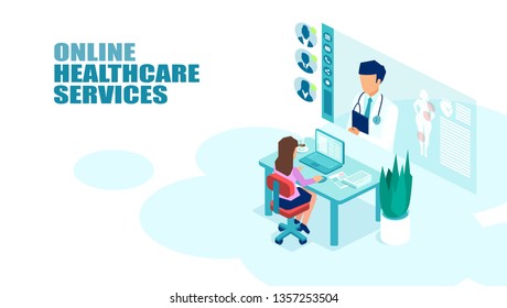 Vector Of A Patient Meeting A Doctor Online Using Modern Computer Technology. Online Medical Consultation Concept