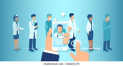 Vector Of A Patient Using A Healthcare App On His Smartphone Choosing A Doctor And Professional Medical Team To Make An Appointment Or Receive A Consultation