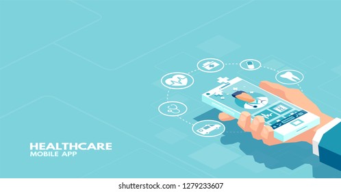 Vector of a patient using smartphone application communicating with professional doctor online. Online medical consultation concept 