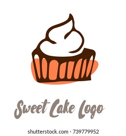 Vector patisserie shop candy store hipster logotype icon with sweet cupcake. Hand drawn ink doodle style