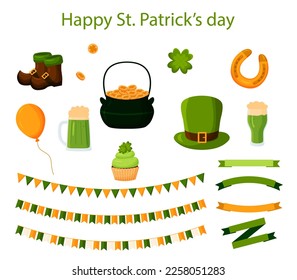 Vector Patrick's Day collection. Set of Irish flags, beer mugs, clover, leprechaun green hat, pot of gold coins, horseshoe, cake, ribbons. Cartoon flat style icons isolated on white background.
