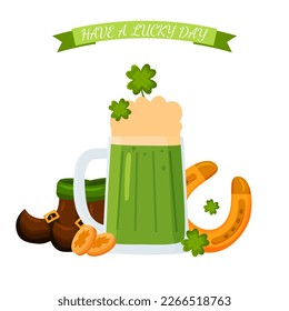 Vector Patrick's day golden coins, beer mug, horseshoe and four-leaf clover, leprechaun boots isolated on white background. Clip art for greeting card, postcard