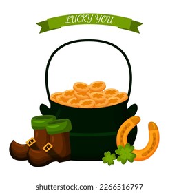 Vector Patrick's day pot with golden coins, horseshoe and four-leaf clover, leprechaun boots isolated on white background. Clip art for greeting card, postcard
