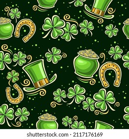 Patrón sin foco vector del Día de Patrick, fondo repitido cuadrado con ilustraciones de hojas de shamrock decorativas y dibujos animados símbolos de pintores, adorno floral festivo para papel de envoltura oscura