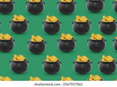 Vector Patrick's Day Seamless Pattern. Repeating vector background with pot with gold coins of 3d saint patrick's symbols for wrapping paper, holidays, poster. Hidden treasures from Irish traditions.