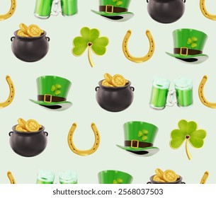 Vector Patrick's Day seamless pattern. Vector repeating background, decorative shamrock leaves and 3d vector saint seamless Patrick's symbols, festive floral ornament for white wrapping paper.