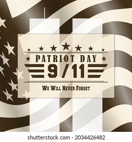 Vector Patriot Day dark background with We will never forget lettering. Template for September 11. Vector illustration.