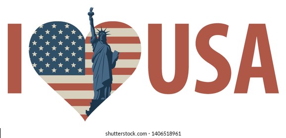 Vector patriotic banner with words I love USA and heart shaped flag with statue of liberty. US symbol. I love USA sticker, slogan, design with conceptual heart and flag icon