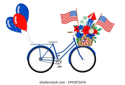 Vector patriotic bicycle illustration, isolated on white background. Blue bike with american flags, red, white, blue flowers and balloons. 4th of July holiday card.