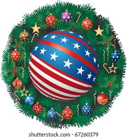 vector patriotic Christmas garland with balls and Golden stars