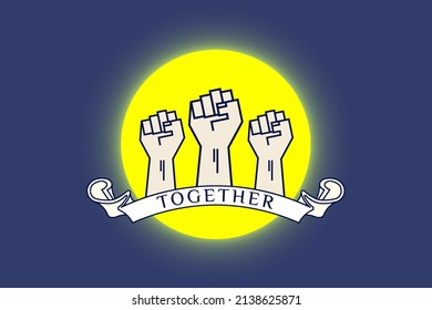 Vector patriotic flag with three powerful male fists and a ribbon with the inscription together against the background of a bright yellow sun