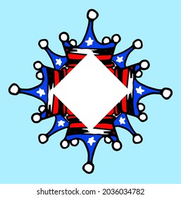 Un marco patriótico vectorial hecho de una corona en los colores de la bandera estadounidense. Marco de doodle dibujado a mano, de rayas rojas, blancas, azules sobre fondo azul, con blanco vacío para un patriótico 