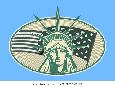 Vector patriotic green american oval graphic sticker or badge. The head of the Statue of Liberty against the background of a stylistic flying US flag. Great world architectural landmark.