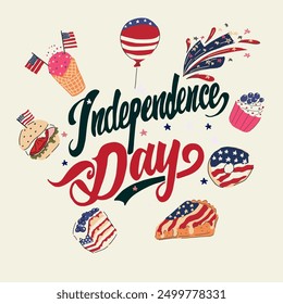 Vector Patriotic hand drawn Happy Independence Day card with lettering. American holiday.