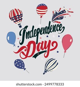 Vector Patriotic hand drawn Happy Independence Day card with lettering. American holiday.