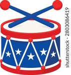 Vector patriotic marching drum decorated with stars and stripes. Isolated festive sticker perfect for Independence Day parades, patriotic celebrations, music events, marching bands, greeting cards, invitations, banners, and holiday designs.