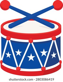 Vector patriotic marching drum decorated with stars and stripes. Isolated festive sticker perfect for Independence Day parades, patriotic celebrations, music events, marching bands, greeting cards, invitations, banners, and holiday designs.