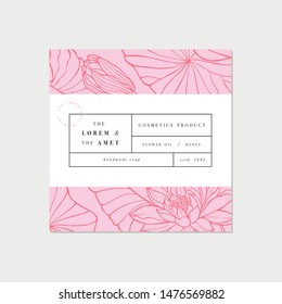 Vector patten for cosmetics with label template design. Pattern or wrapping paper for package and beauty salons. Lotus flowers. Organic, natural cosmetic