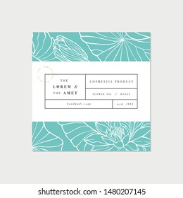 Vector patten for cosmetics with label template design. Pattern or wrapping paper for package and beauty salons. Lotus flowers. Organic, natural cosmetic