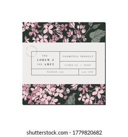 Vector patten for cosmetics with label template design. Pattern or wrapping paper for package and beauty salons. Lilac flowers. Organic, natural cosmetic
