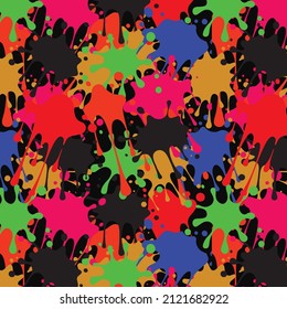 Patten vector. Rosa, amarillo. azul, verde, salpicaduras abstractas y gotas sobre negro. Diseño de arte creativo para textiles. papel envolvente, papel tapiz.