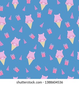 
Vector patten seamless with ice cream sweet and gift box and cap for the holiday fun birthday for children for textiles on a blue background