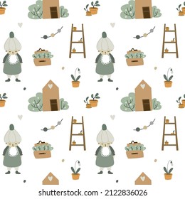 Vector patter depicting a garden, an elf, a house and plants. Print for printing on fabric, seamless pattern. Delicate green colors. Minimal print.