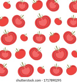 Patter vectorial con tomates cortados y enteros. Concepto dieta y vegano