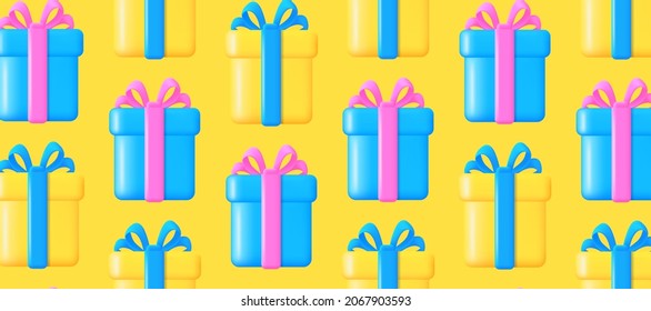 Vector pattern with 3d gift boxes of blue and yellow colors, colorful background