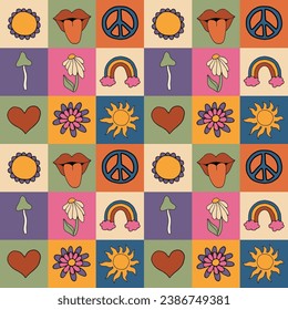 Vector pattern in 70s style. Retro elements in squares Flowers rainbow lips mushrooms