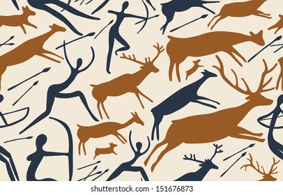 Vector pattern about hunting with primitive figures