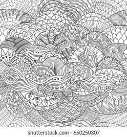 Vector pattern abstract background with black and white ornament. Hand draw illustration, coloring book zentangle motif.