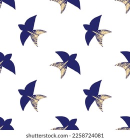 Vector pattern with abstract blue swallows in the matisse style on a white background. Bright colors, surrealism, birds and decorative elements.