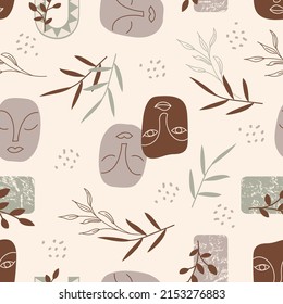 Vector pattern with abstract faces and leaves on a beige background. Endless ornament for textiles, packaging, paper. Seamless Repeat Pattern.