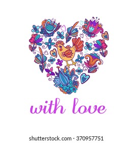  vector pattern with abstract flowers and leaves and chicken birds. suitable for textiles or paper. You can change the background. card for Valentine's day