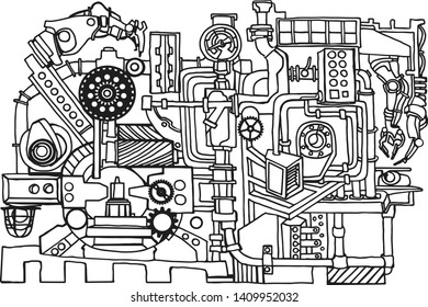 Vector pattern with abstract industry or steampunk background. Fantasy technology or factory illustration with decorative machine sketch elements and robotic arms. Hand drawn.