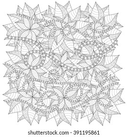 Vector pattern with abstract leaves. Coloring book page for adult. square form