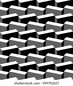 Vector pattern. Abstract ornament with geometric shapes, grey concrete blocks. Seamless Isometric city wrapping paper. Tiling Geometry texture background with cubes. Decorative fabric monochrome City