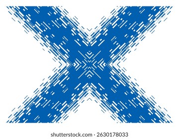 Vector pattern of abstract pixels in the form of the letter X. The basis for modern advertising, covers, posters, flyers. Vector design element. Pattern in digital style of blue color
