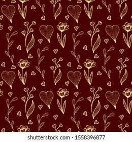 vector pattern with abstract plants and hand-drawn hearts of golden colors on a dark red background