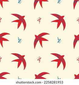 Vector pattern with abstract red swallows in the matisse style on a beige background. Bright colors, surrealism, birds and decorative elements.