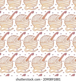 Vector pattern with abstract skeins of yarn with a crochet hook. Background of falling snowflakes. Knitting concept. It can be used in the design of fabric, wrapping paper, etc.