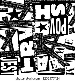 Vector pattern with abstract tags and letters without meaning. Newspaper text pages collage.
Urban retro style black and white texture illustration with two black stars.
