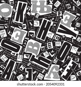 Vector pattern with abstract tags and letters without meaning. Newspaper text pages collage. Urban retro style black and white texture illustration with Russian letters.