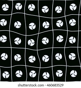 Vector pattern. Abstract wavy linear grid with stylized flowers. Graphic hand drawn background. Repeating monochrome texture with curvature effect