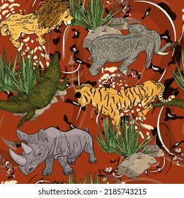 Vector pattern of African animals. Lion, tiger, elephant, crocodile, rhinoceros seamless illustration for print on clothes, blank for designer, wrapping paper