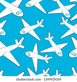 Vector pattern of airplanes on a blue background. Vector illustration of children's airplanes. Stock pattern with children`s airplanes. Vector airplanes. Children's pattern for boys with transport
