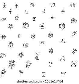 Vector pattern of alchemical signs drawn by hand. Esoteric illustration in Doodle style. Black symbols on a white background.