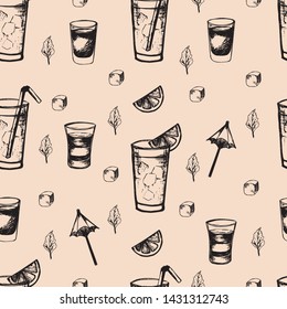 Vector pattern with alcohol cocktails and slice fruits. Hand drawn elements for summer menu, invitations, vacation design.